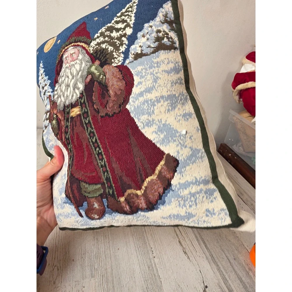Vintage embroidered father Santa Claus pillow Xmas decor winter scene